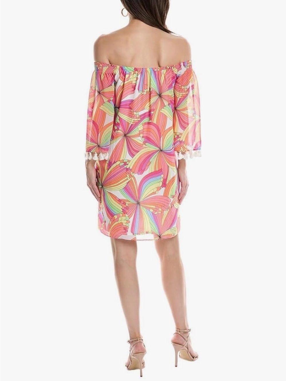 Trina Turk Amaris Off Shoulder Dress Tassel Sleeve Rainbow Print Size S - Picture 3 of 7